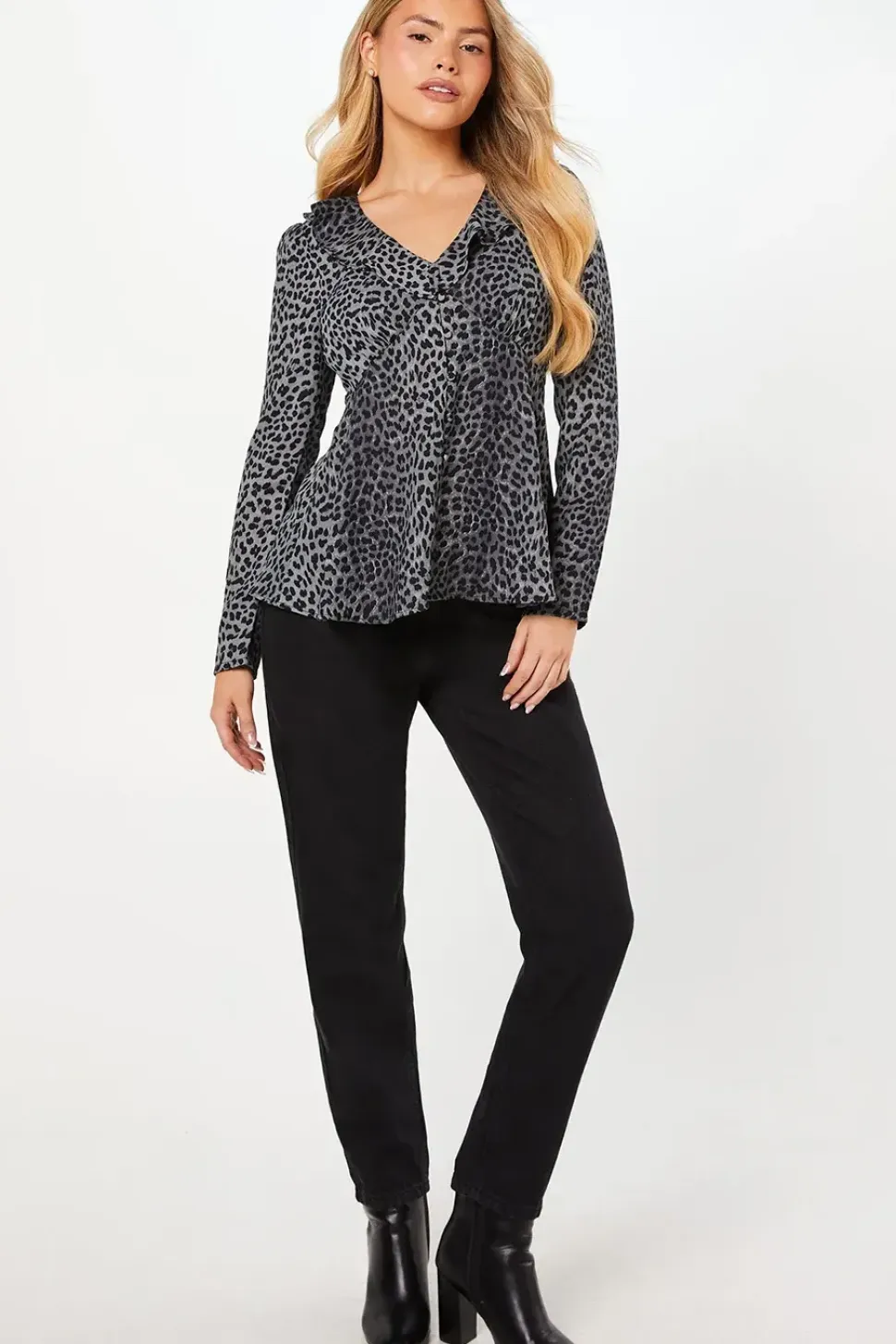 Black Animal Ruffle Neck Long Sleeve Button Front Tea Blouse