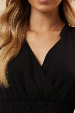 Black Chiffon Long Sleeve Shirred Waist Mini Dress