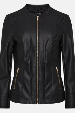 Black Collarless Faux Leather Zip Front Jacket