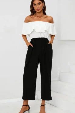 Black Contrast off the Shoulder Ruffle Jumpsuit In White