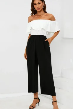 Black Contrast off the Shoulder Ruffle Jumpsuit In White