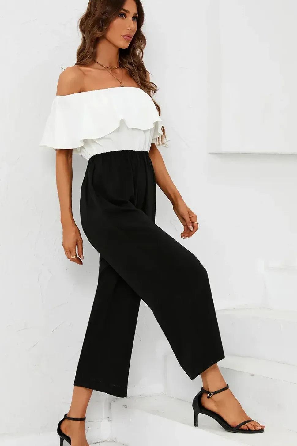 Black Contrast off the Shoulder Ruffle Jumpsuit In White