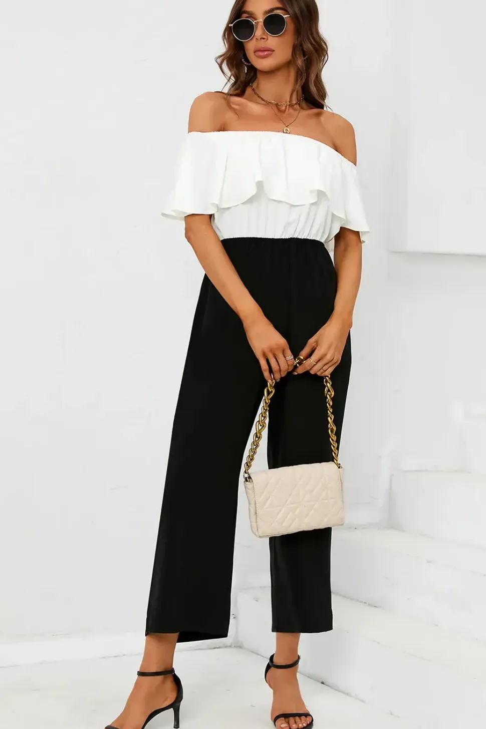 Black Contrast off the Shoulder Ruffle Jumpsuit In White