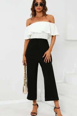 Black Contrast off the Shoulder Ruffle Jumpsuit In White