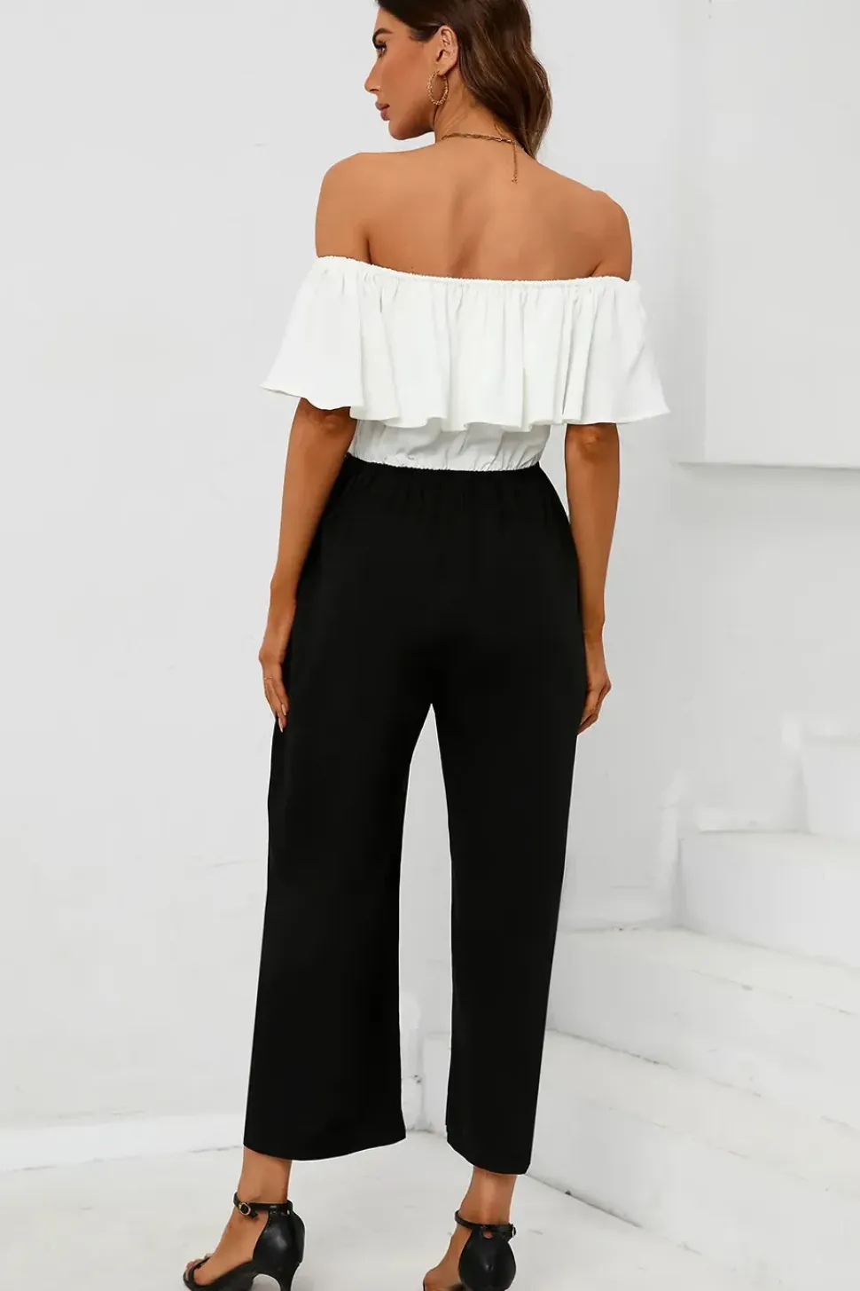 Black Contrast off the Shoulder Ruffle Jumpsuit In White