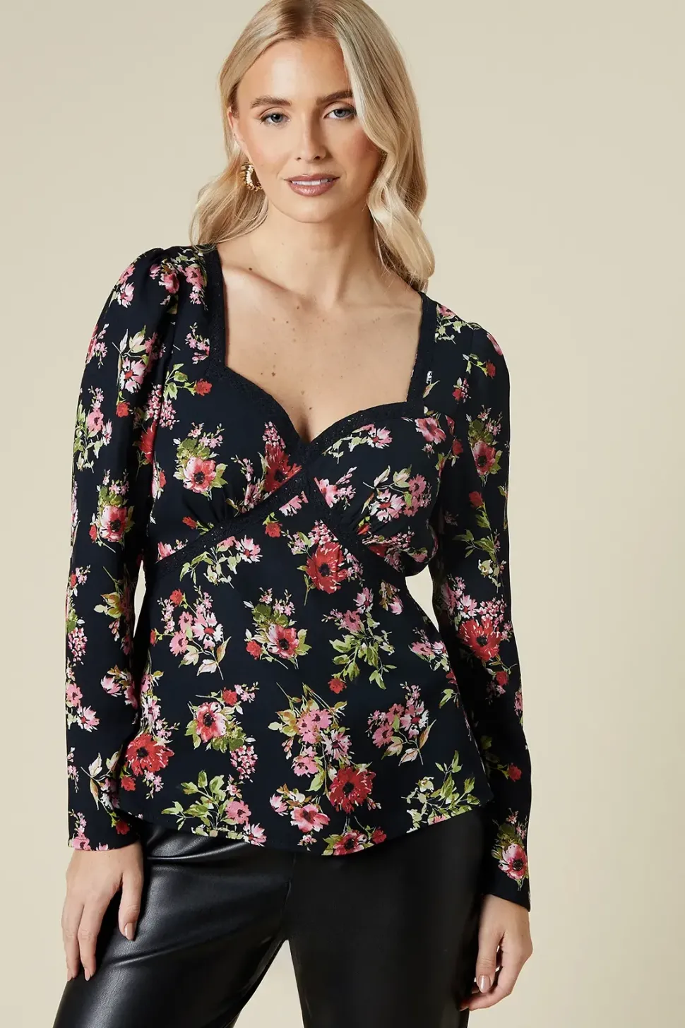 black ditsy floral lace front long sleeve blouse