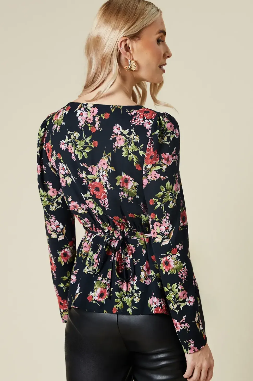black ditsy floral lace front long sleeve blouse