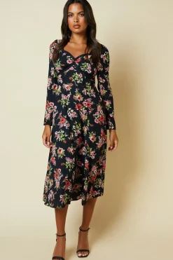 Black Ditsy Floral Lace front midi dress