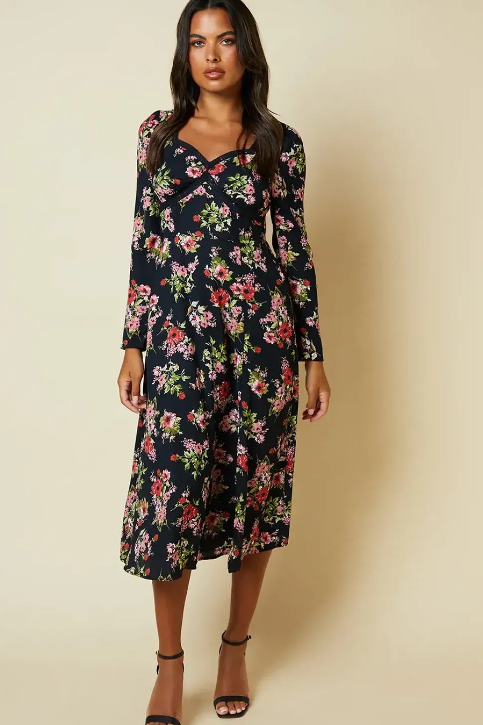 Black Ditsy Floral Lace front midi dress