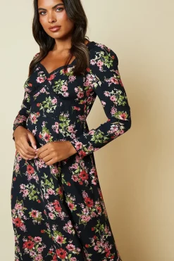 Black Ditsy Floral Lace front midi dress