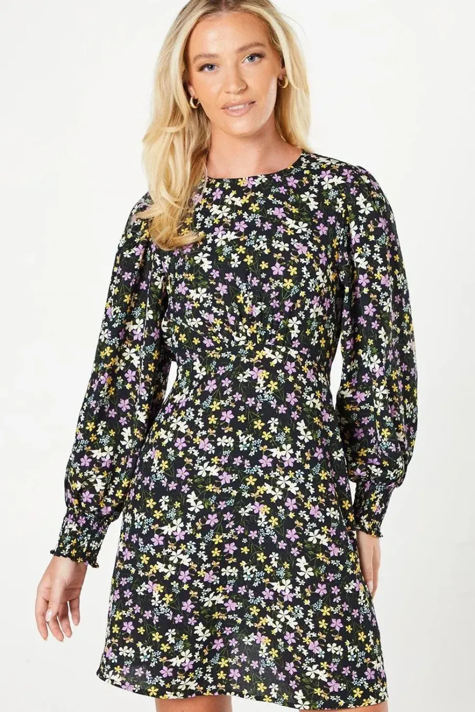 Black Ditsy Shirred Cuff Mini Dress
