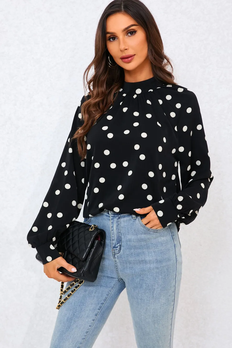 Black Dot Print Halter Neck Blouse Top In Black