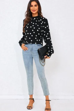 Black Dot Print Halter Neck Blouse Top In Black