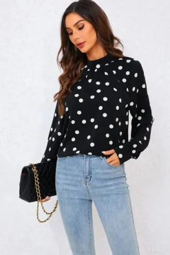 Black Dot Print Halter Neck Blouse Top In Black