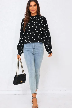 Black Dot Print Halter Neck Blouse Top In Black