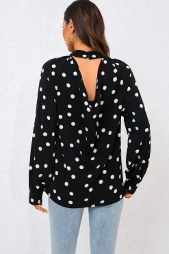 Black Dot Print Halter Neck Blouse Top In Black