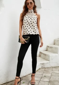Black Dot Print Halter Neck Tie Back Top In Beige
