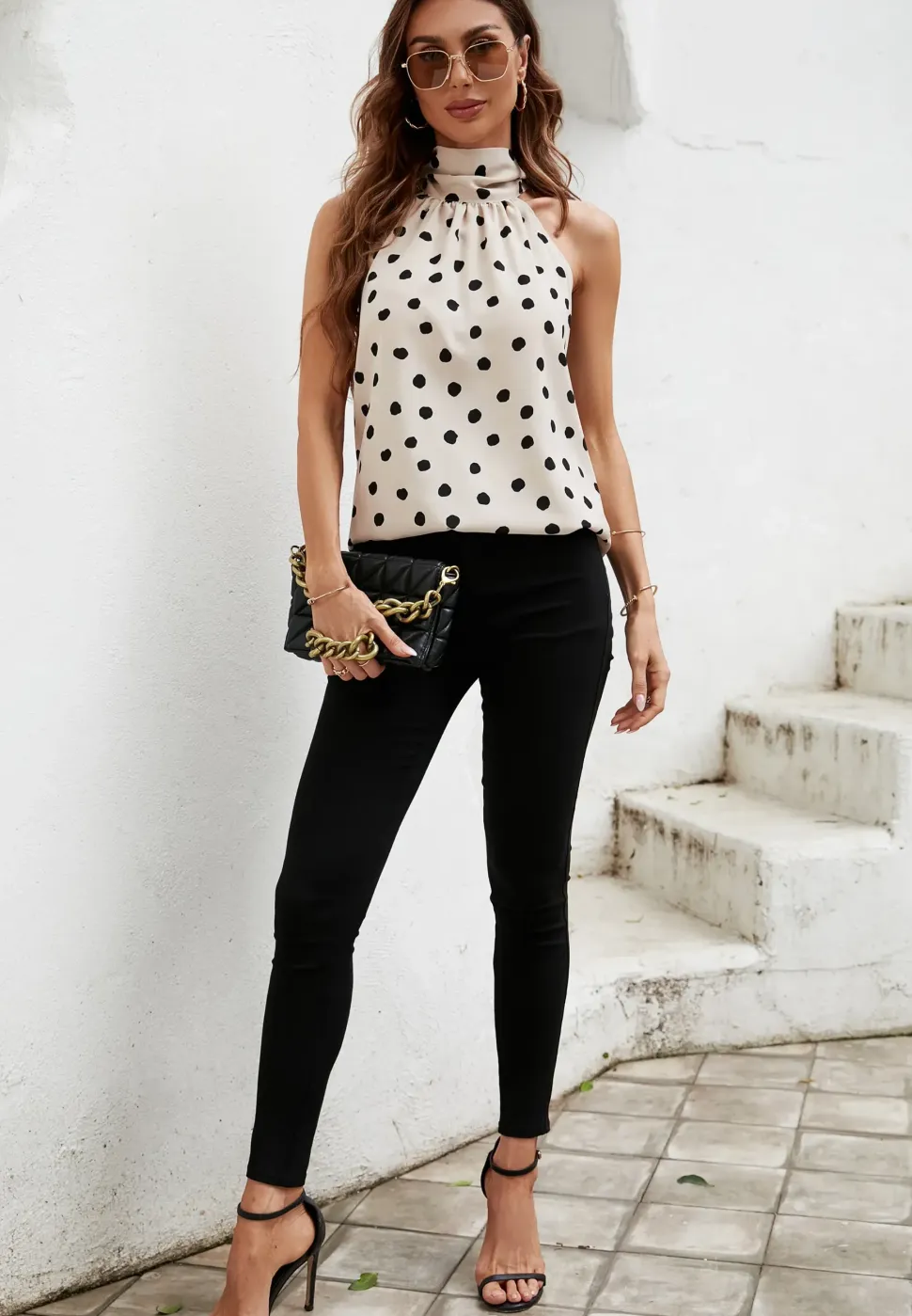 Black Dot Print Halter Neck Tie Back Top In Beige