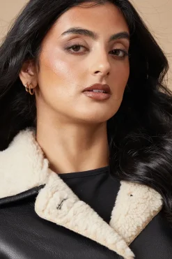 Black Faux Leather Button Detail Aviator Jacket