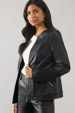 Black Faux Leather Collarless Seam Detail Jacket