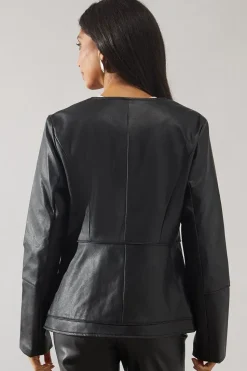 Black Faux Leather Collarless Seam Detail Jacket