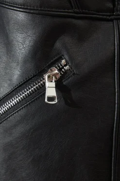 Black Faux Leather Collarless Seam Detail Jacket