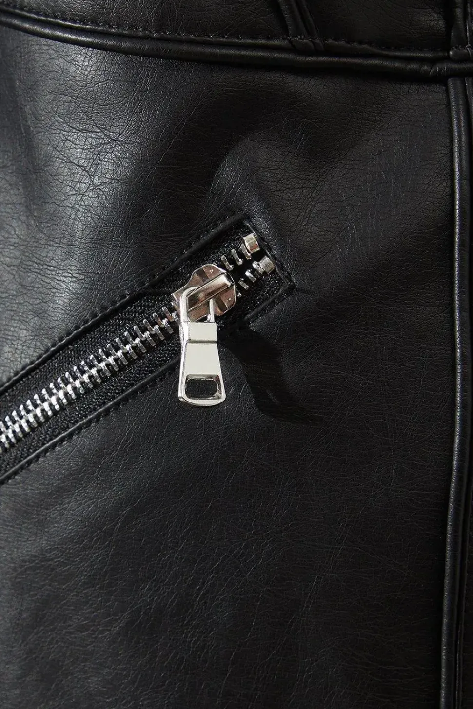 Black Faux Leather Collarless Seam Detail Jacket
