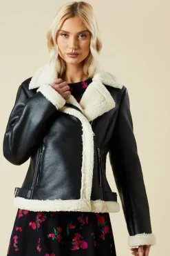 Black Faux Leather Short Aviator Jacket