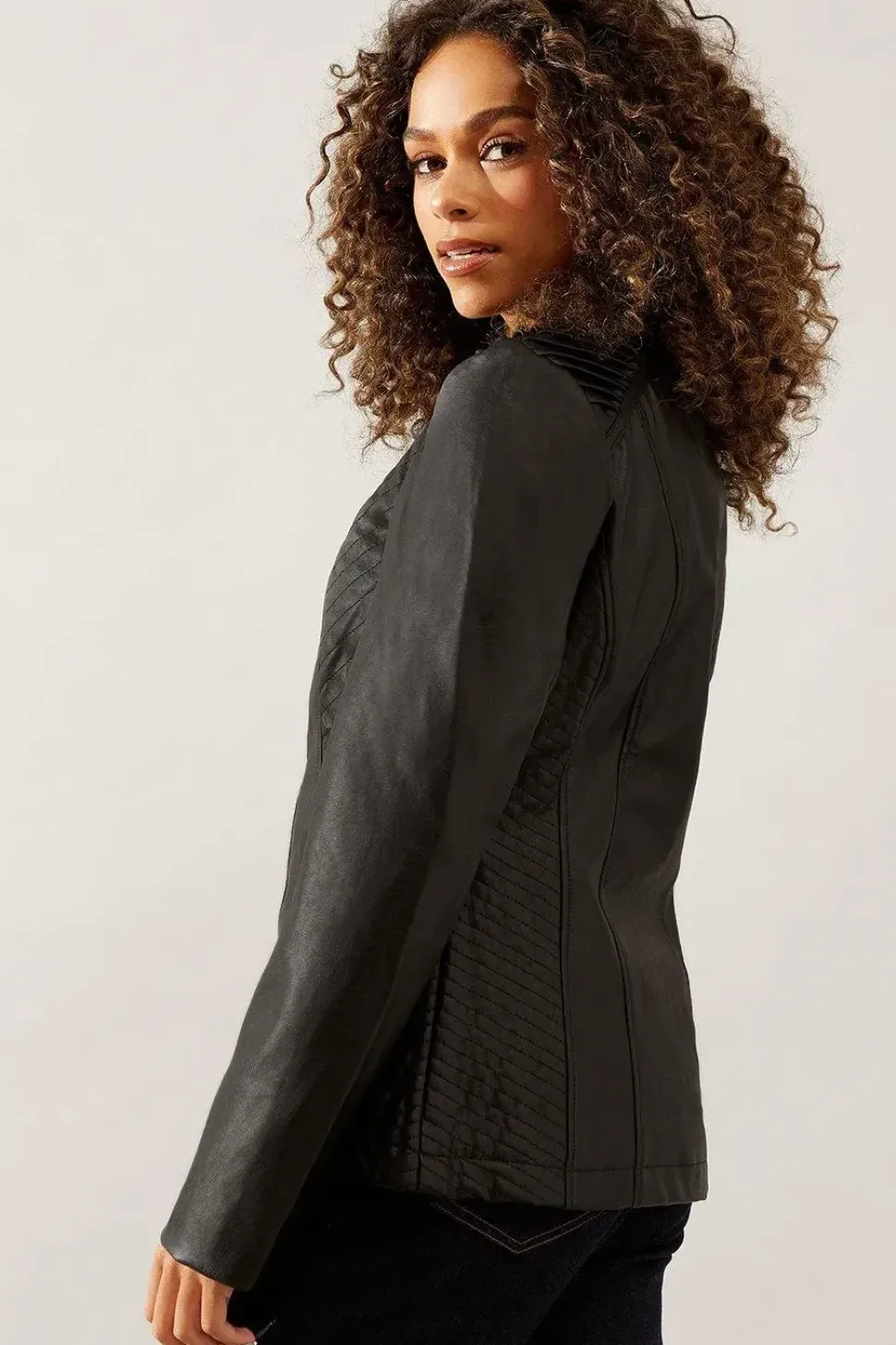 Black Faux Leather Stitch Detail Jacket