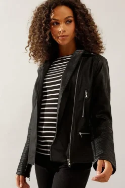 Black Faux Leather Tab Detail Biker Jacket