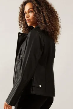 Black Faux Leather Tab Detail Biker Jacket