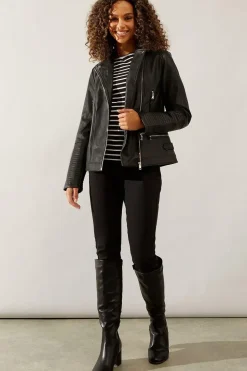 Black Faux Leather Tab Detail Biker Jacket