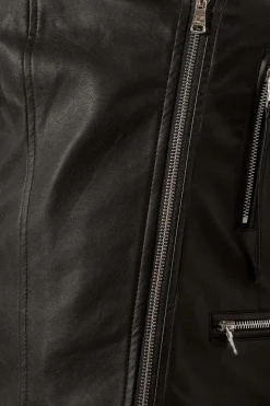 Black Faux Leather Tab Detail Biker Jacket