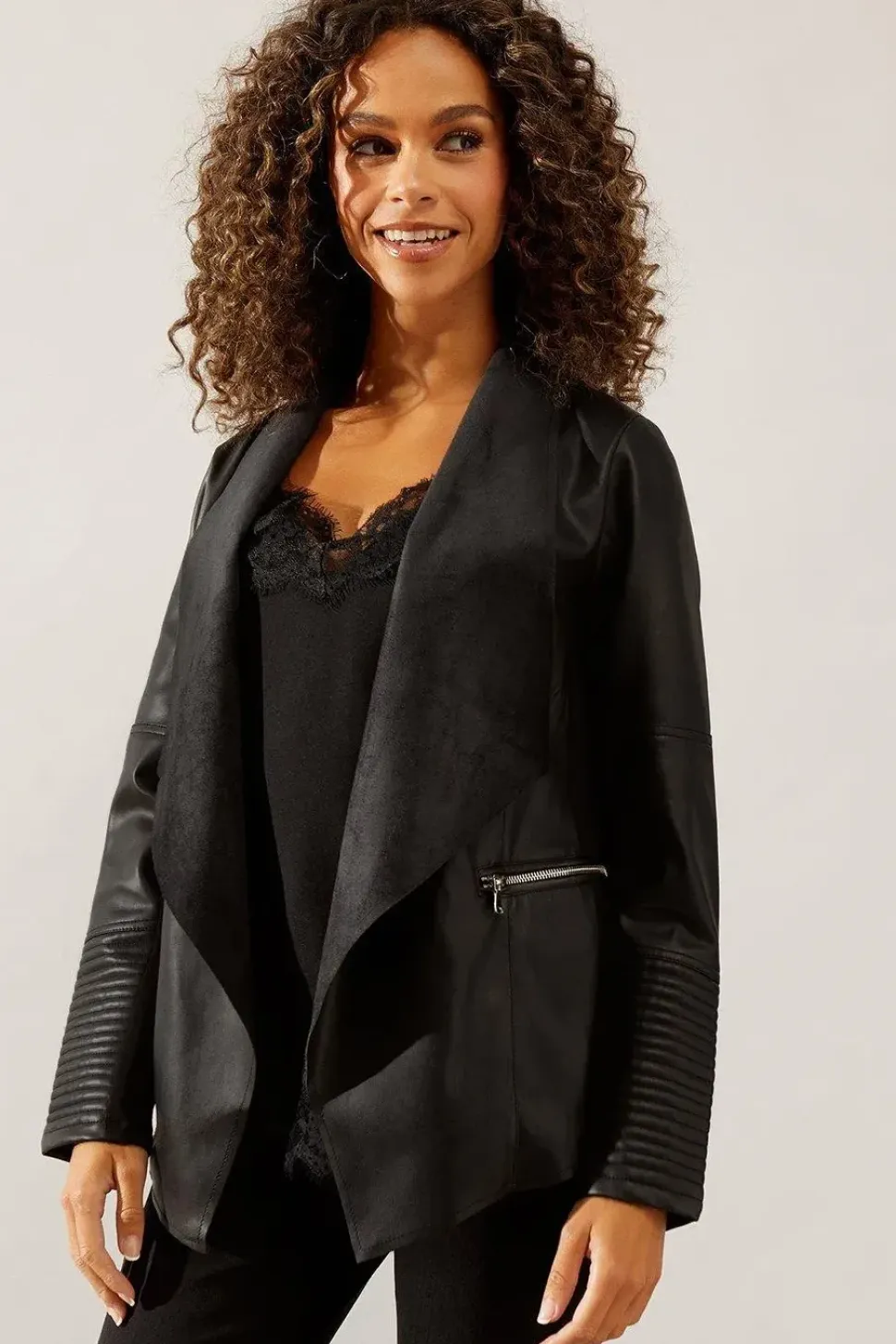 Black Faux Leather Waterfall Jacket
