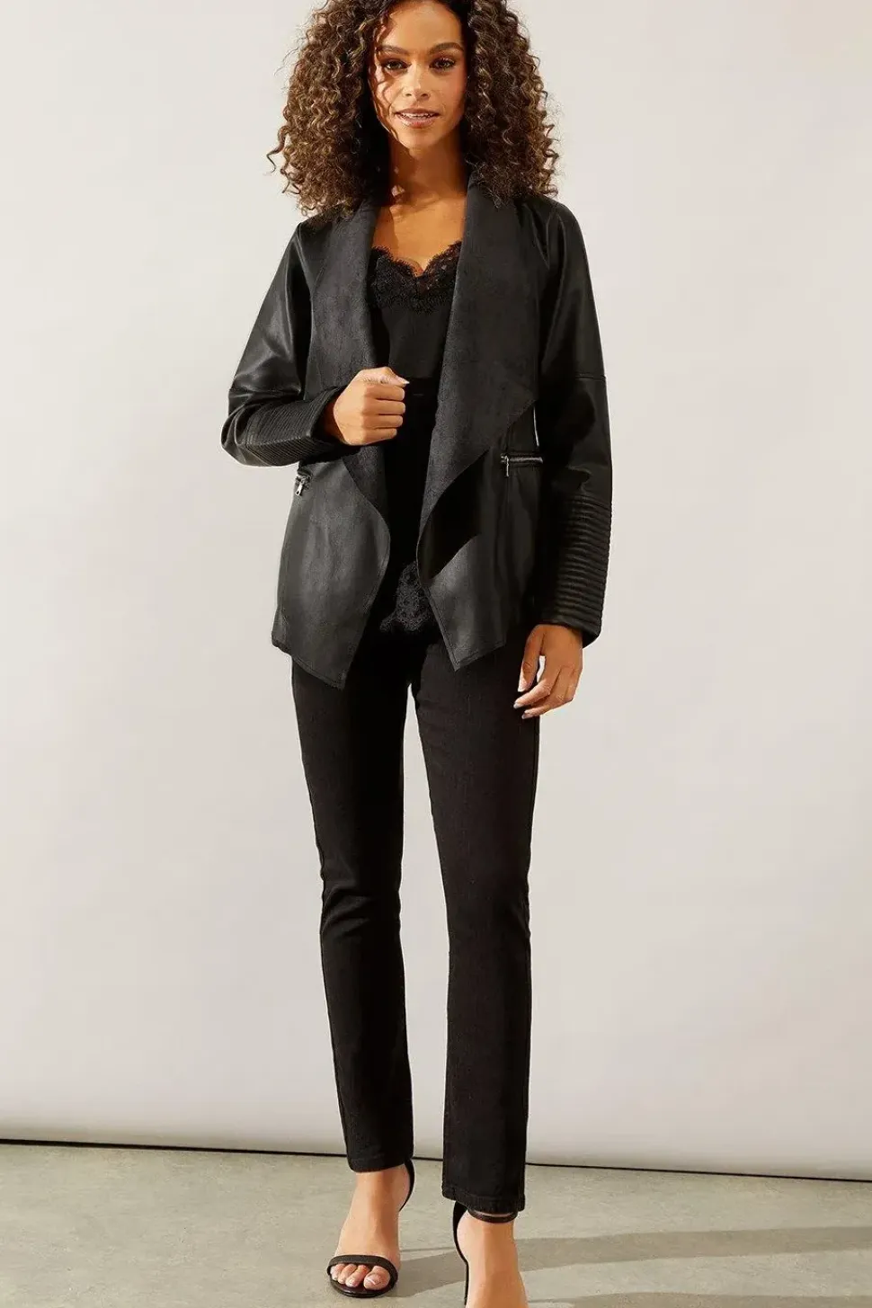 Black Faux Leather Waterfall Jacket