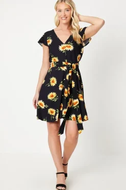 Black Floral Button Front Mini Dress
