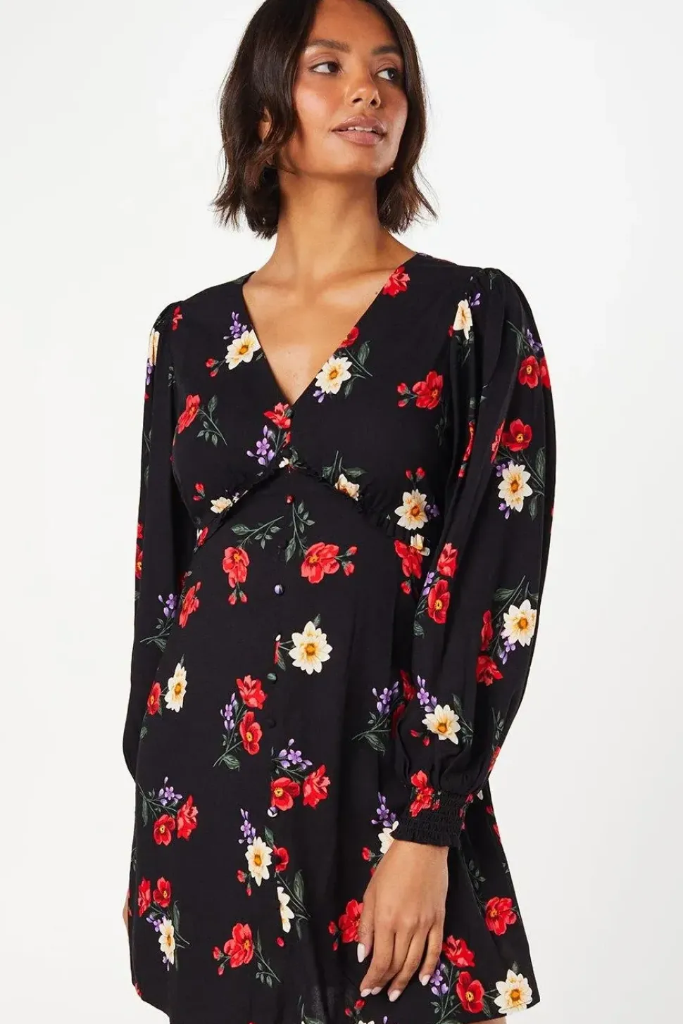 Black Floral Button Front Mini Dress