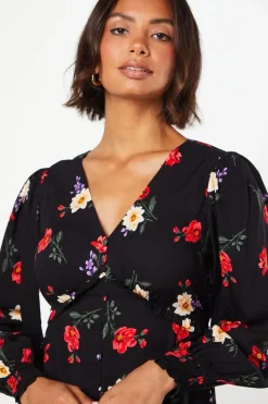 Black Floral Button Front Mini Dress