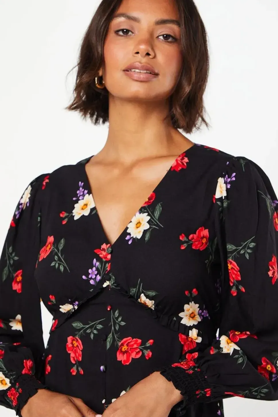 Black Floral Button Front Mini Dress