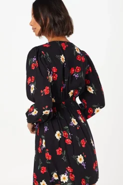 Black Floral Button Front Mini Dress