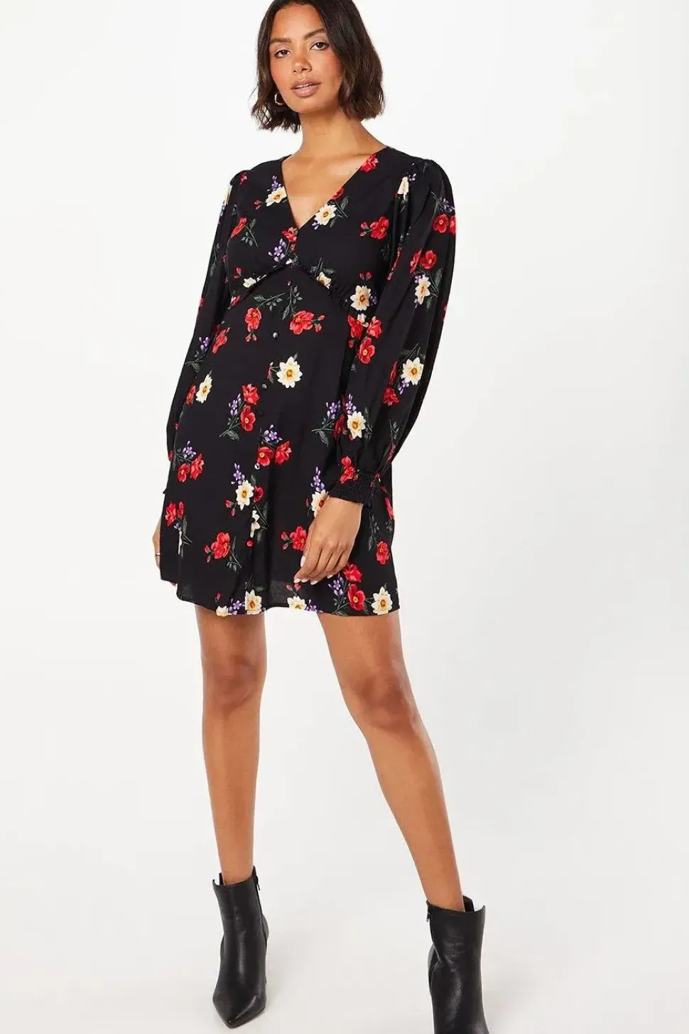 Black Floral Button Front Mini Dress