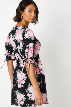 Black Floral Empire Tie Sleeve Mini Dress
