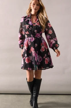 Black Floral Frill Detail Shirred Waist Midi Dress