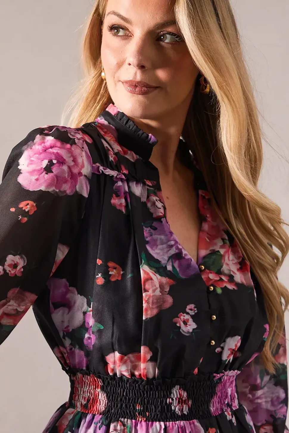 Black Floral Frill Detail Shirred Waist Midi Dress