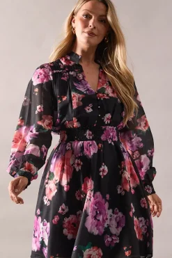 Black Floral Frill Detail Shirred Waist Midi Dress