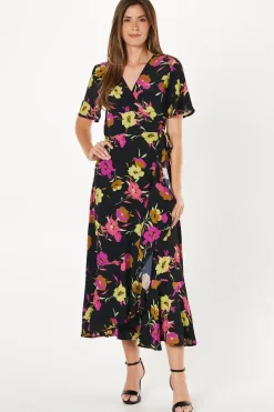 Black Floral Frill Front Wrap Dress