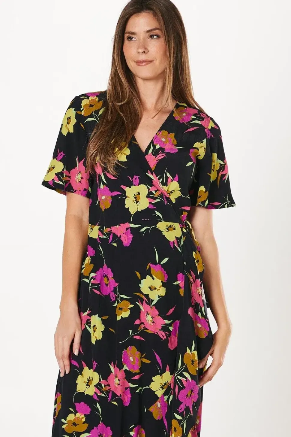 Black Floral Frill Front Wrap Dress