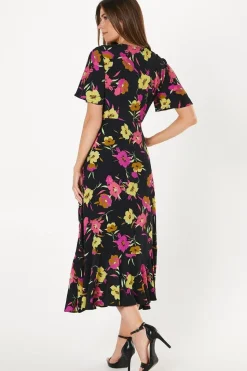 Black Floral Frill Front Wrap Dress