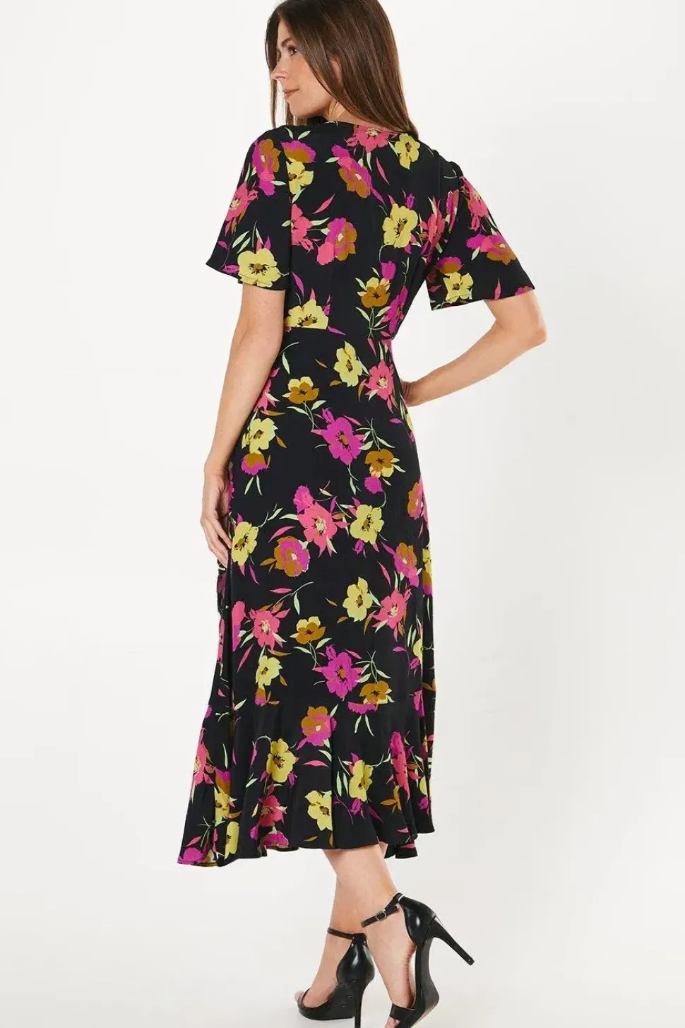 Black Floral Frill Front Wrap Dress