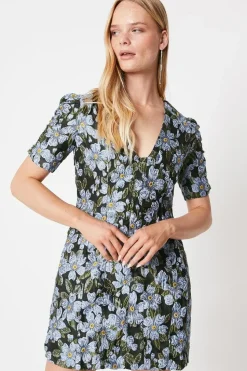 Black Floral Jacquard Puff Sleeve Mini Dress